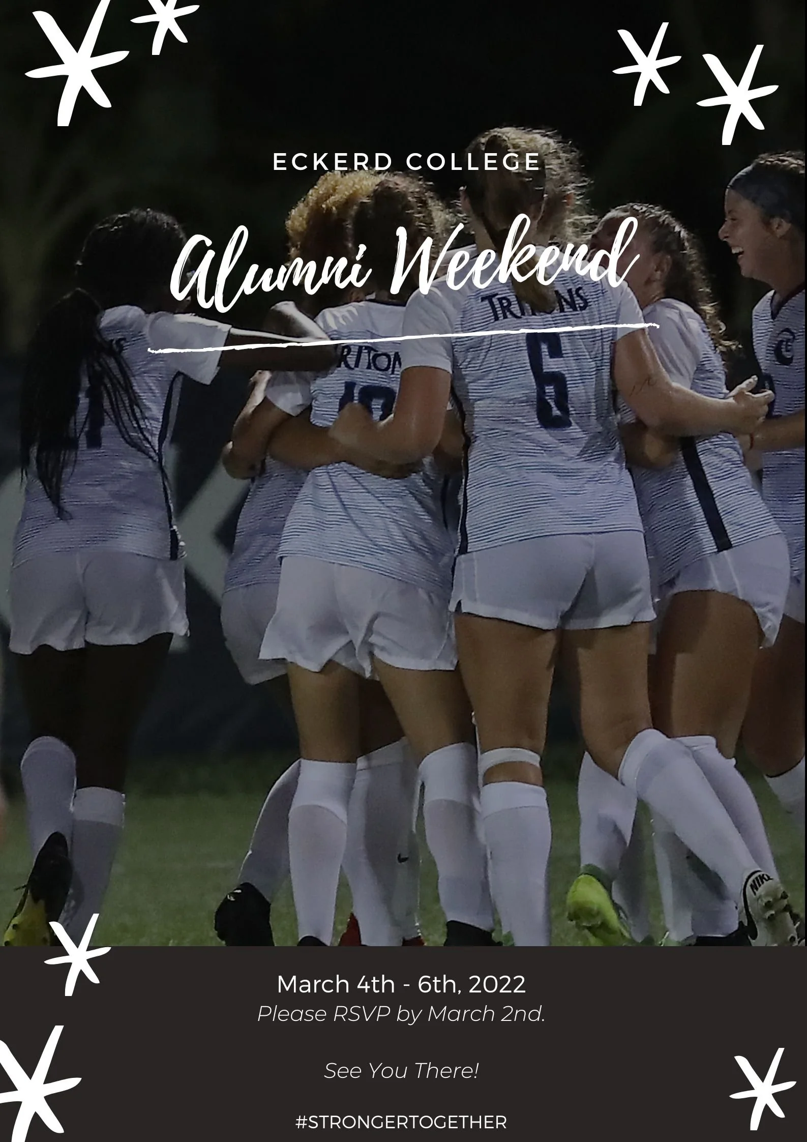 An Alumni Weekend poster with a team photo.