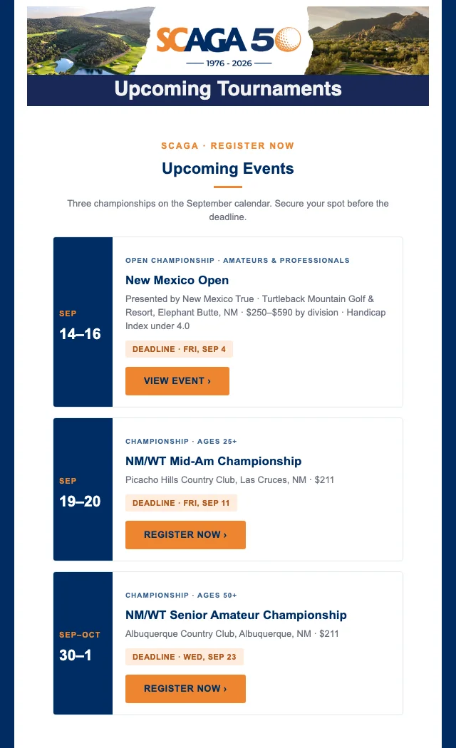 The Upcoming Events module listing three championships.