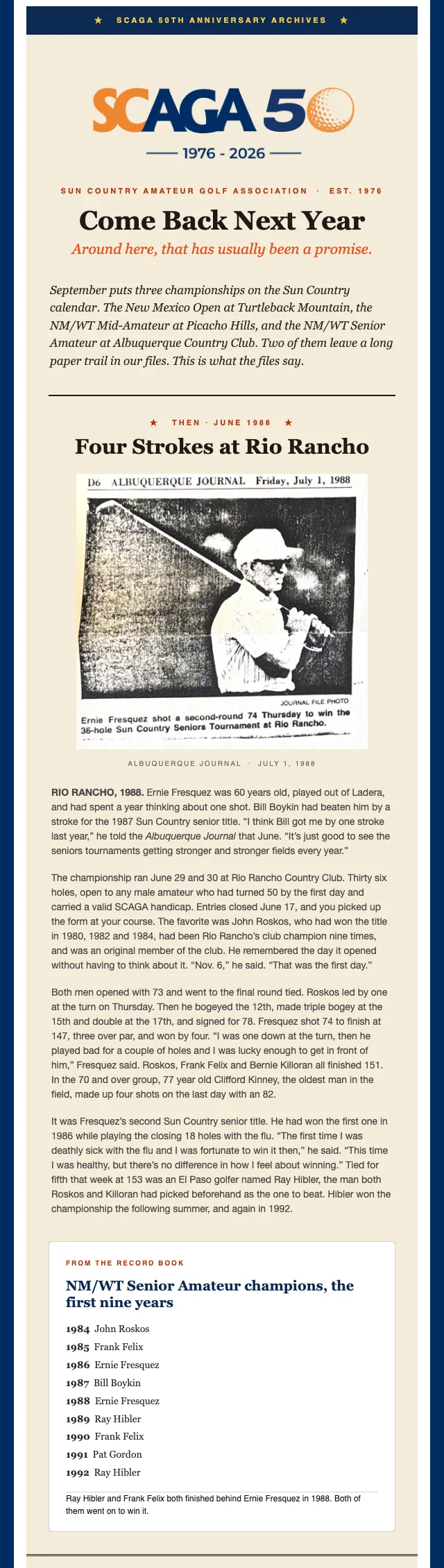 The 50th Anniversary Archives story with a 1988 newspaper clipping.
