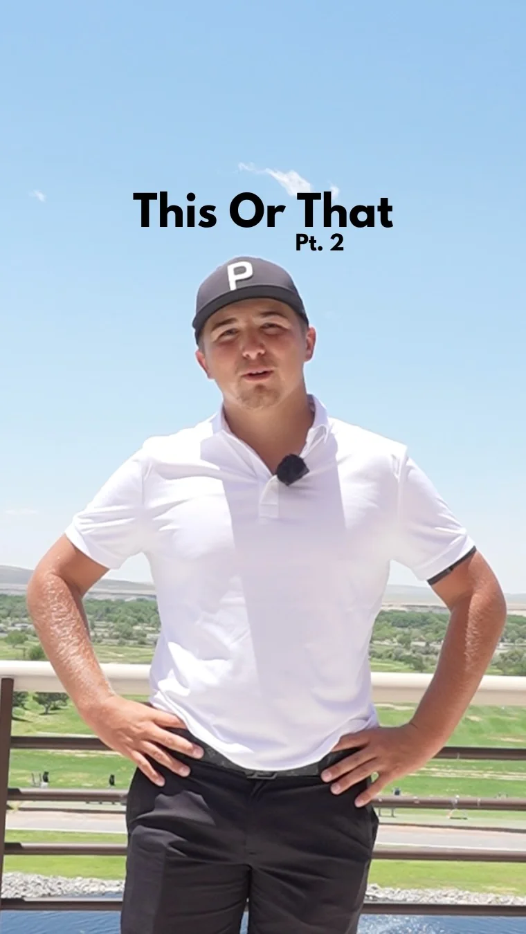 A golfer in a white polo in a This or That reel.