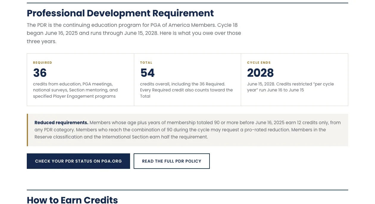 The education requirement section showing 36 required credits, 54 total credits and a 2028 cycle end.