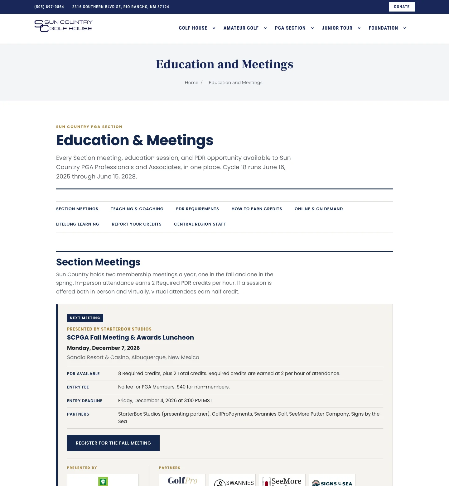 The Education & Meetings page with jump links and a Fall Meeting card.