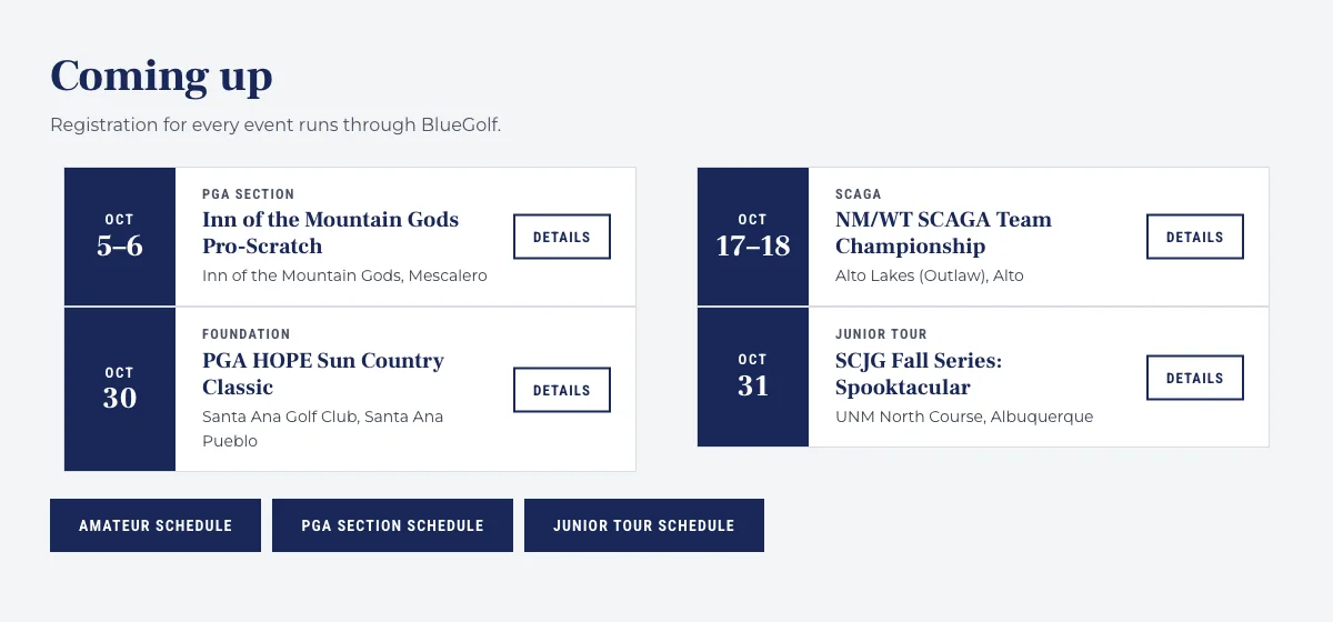 The Coming up section listing four events with dates and Details buttons.