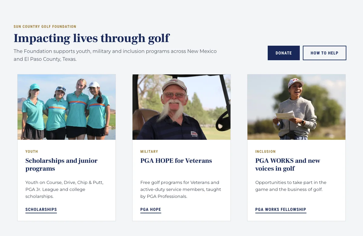 The Impacting lives through golf block with three Foundation program cards.