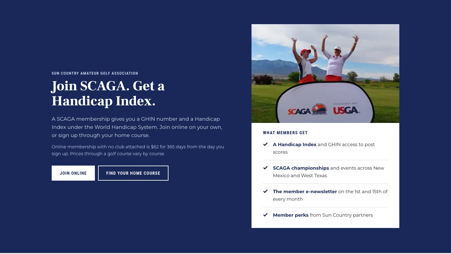 The Join SCAGA block on navy, with membership details and a photo of two golfers celebrating.