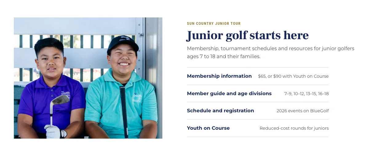 The Junior golf starts here block with two junior golfers and membership links.