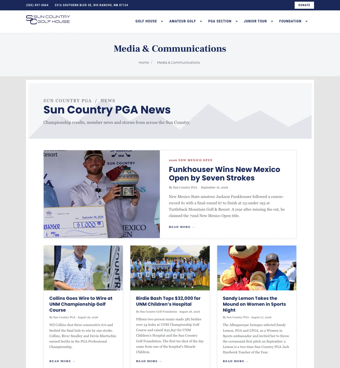 The Sun Country PGA News page with a New Mexico Open lead story and three story cards.