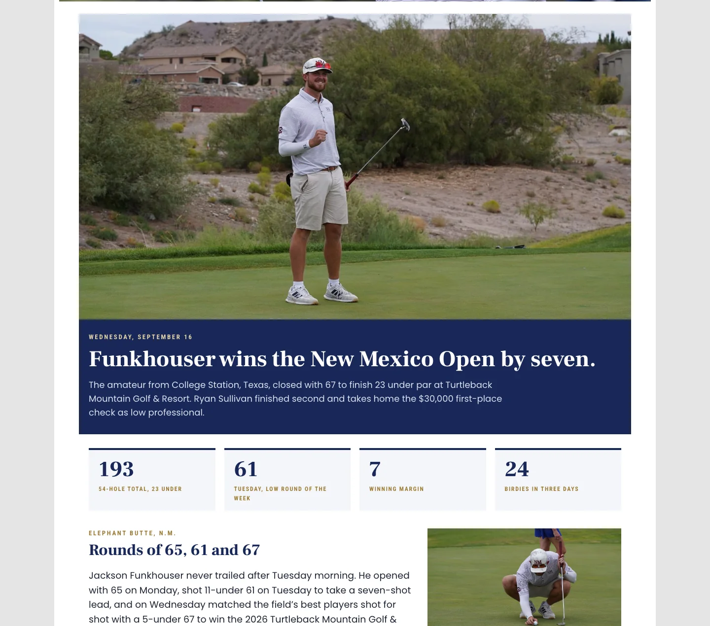 The top of the published New Mexico Open champion page, with a photo of Funkhouser celebrating, the headline, and four numbers.