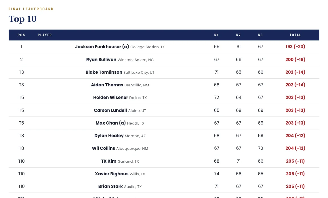 The Top 10 leaderboard table on the champion page.