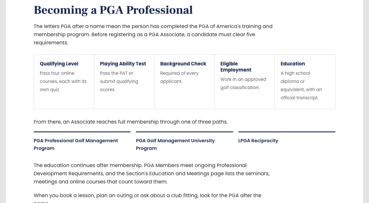The Becoming a PGA Professional section with five requirement tiles and three program paths.